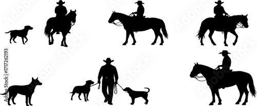 A vector silhouette three cowboys and one cowgirl riding horses and one cowboy is walking and leading a horse. There are also two cow dog silhouettes.
