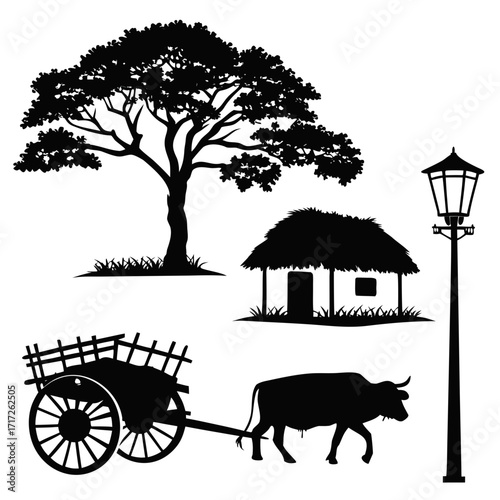 Rustic village scene elements with tree cart bull and hut