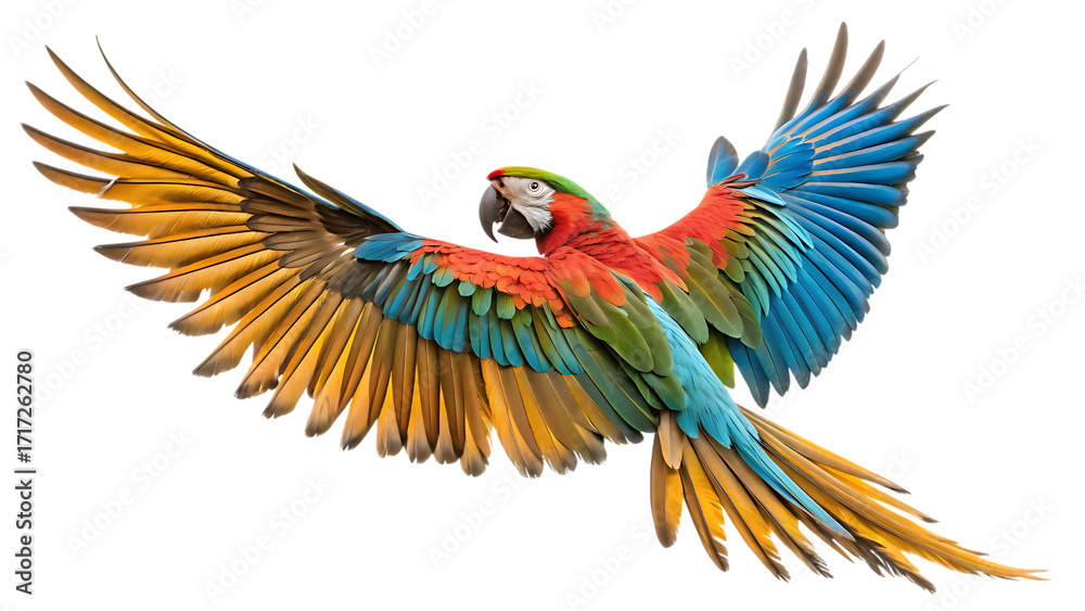 Obraz premium A vibrant macaw parrot in mid flight with its wings fully extended against a black background space
