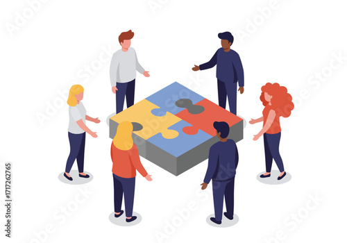 Teamwork and Collaboration: Diverse People Solving a Puzzle.