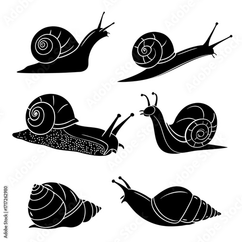 Six black snail and slug silhouettes crawling