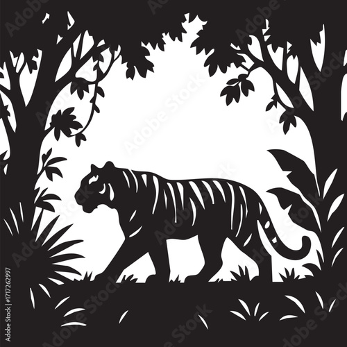 Photography Silhouette of a tiger in jungle setting