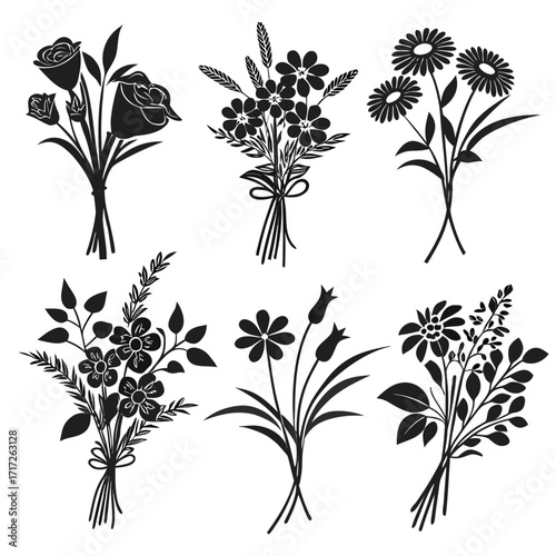Six floral bouquet silhouettes with tied stems floral bouquets