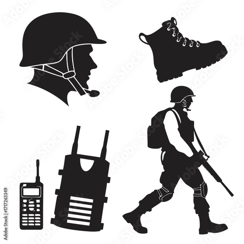 Soldier helmet boot radio tactical vest rifle silhouette