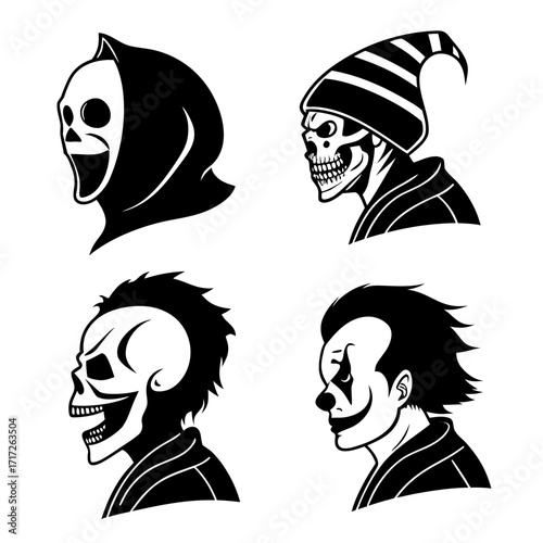 Spooky skull clown grim reaper character designs halloween