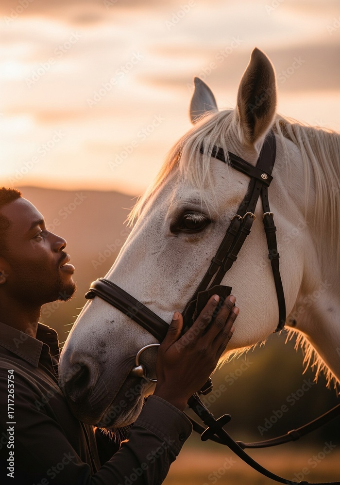 Obraz premium A young Black man shares a tender moment with his beautiful white horse at sunset, highlighting the bond between human and animal