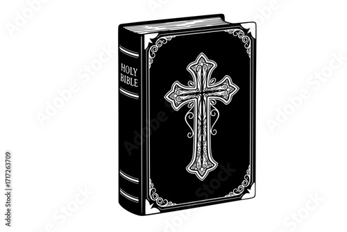 Holy Bible Book with Cross on Beautiful Cover – Christian Scripture, Faith and Spirituality Vector Illustration