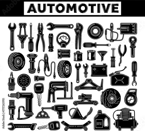 Automotive Tools Collection: Black and White Vector Icons for Car Repair and Maintenance