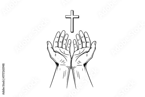 Hands Reaching Toward the Cross – Worship and Devotion to Lord Jesus Christ, Christian Faith and Salvation Vector Illustration