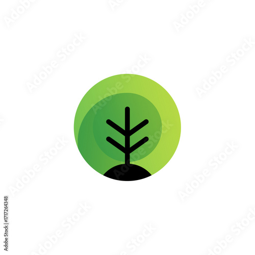 A minimalist green circular logo featuring a stylized tree seedling growing from a dark soil mound.