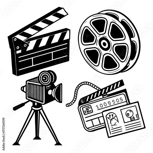 Vintage film production icons clapperboard camera reel