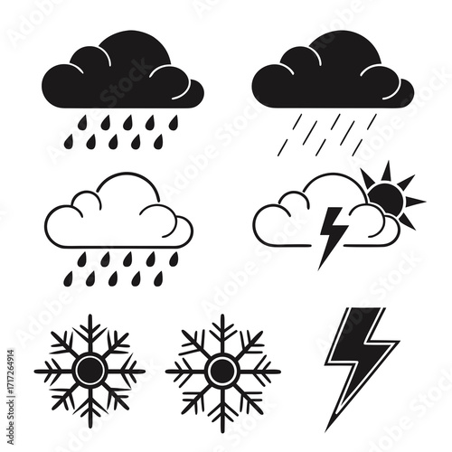 Weather icons rain snow lightning sun clouds vector