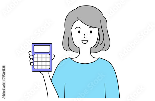 シンプルな電卓を持つ笑顔の若い女性の線画ベクターイラスト