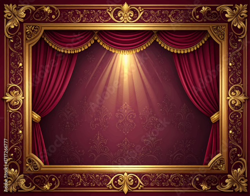 Luxurious theater stage with red velvet curtains, golden spotlight, and ornate frame. Editable A4 vector at 300 DPI, perfect for drama-themed backgrounds, invitations, or classical design projects.