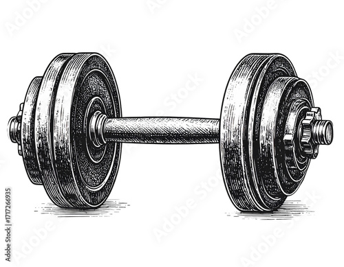  A detailed black-and-white engraving-style illustration of a vintage dumbbell, intricate linework showing contours and texture, classic hand-drawn appearance, isolated on transparent background