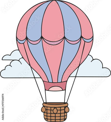 Whimsical Illustration of a Pink and Blue Hot Air Balloon Soaring Through the Sky, With Clouds
