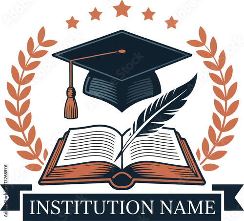 Vintage Educational Logo Design for an Institution.  A classic, vintage-style logo featuring a graduation cap, open book, quill, and laurel wreath.