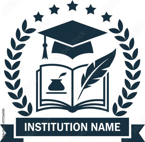 Academic institution logo design featuring graduation cap, book, and quill. A sophisticated and elegant logo design for an educational institution.