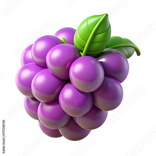 Stylized 3 D Cluster of Purple Grapes with Green Leaves