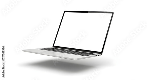 Sleek silver laptop with a blank white screen floating above a white surface.