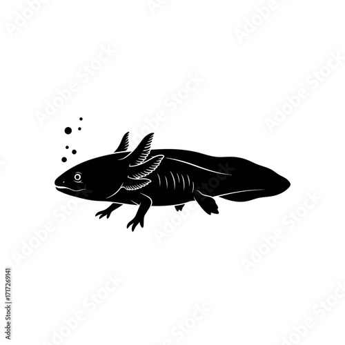 Unique Vector Silhouette of an Axolotl Floating Serenely in its Aquatic Tank