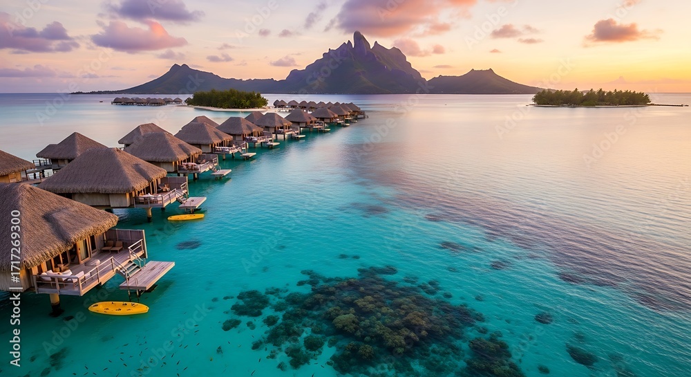 Fototapeta premium A breathtaking aerial view of overwater bungalows at sunset, showcasing a tranquil lagoon and distant islands.