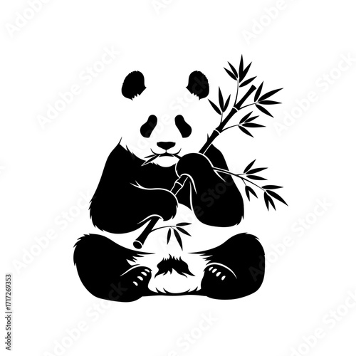 Charming Vector Silhouette of a Giant Panda Bear Calmly Eating Bamboo Shoots