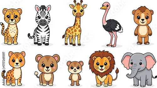 Cartoon animals set with cute wild characters art on transparent background