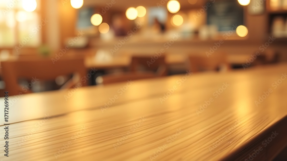 Obraz premium A wooden table with subtle grain texture and abstract bokeh lights, creating a warm and inviting restaurant ambiance.