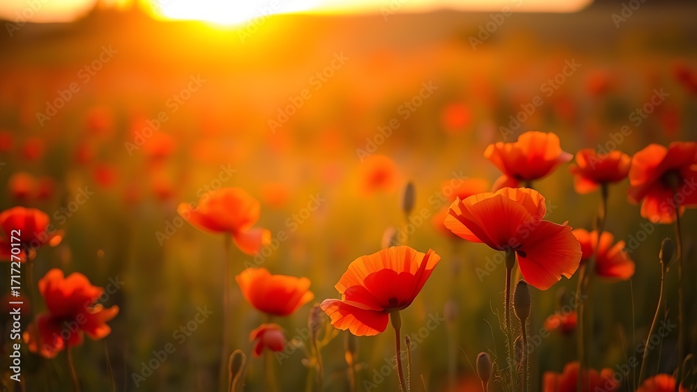 Obraz premium Vibrant red poppies glowing under the golden light of a sunset.