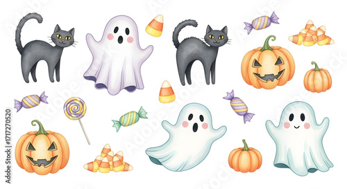 A spooky collection of cute Halloween cartoon animal icons, pumpkins, and a witch hat