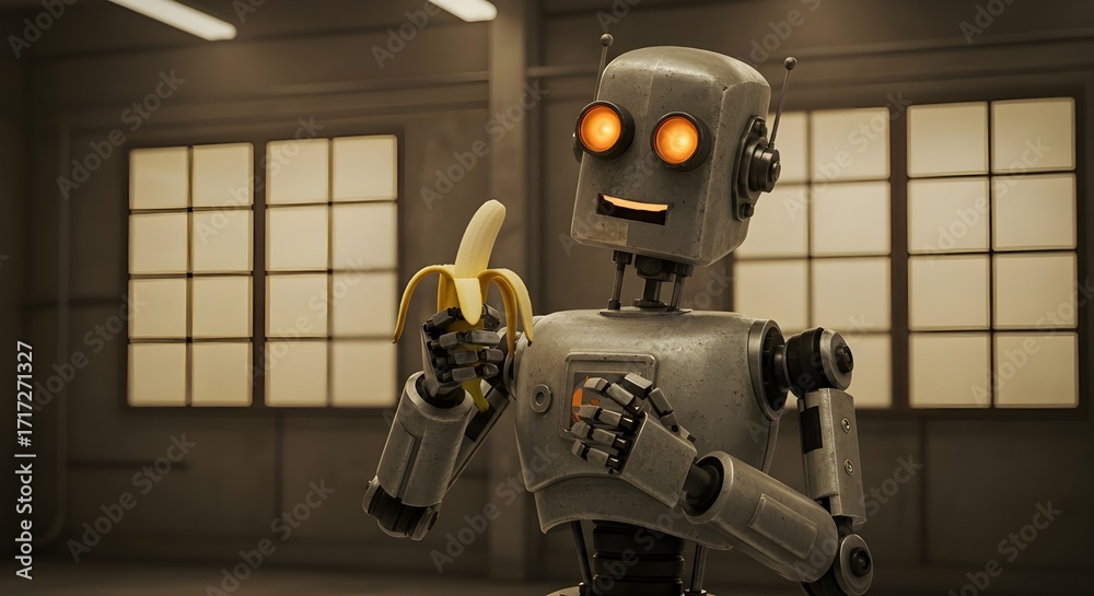 Fototapeta premium The robot is eating a banana