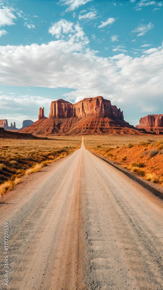 Naklejka premium Long dirt road leading to majestic sandstone mesas under a blue sky