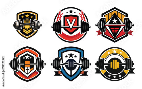 Six Weightlifting Gym Logos Designs Barbells Stars Shields