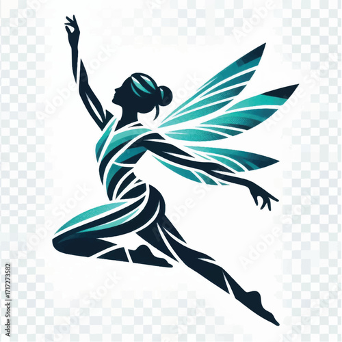 Graceful fairy silhouette with artistic turquoise watercolor wings.