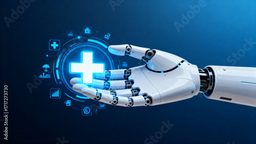Robotic hand holding a glowing medical cross with digital health icons in a futuristic interface