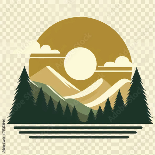 Majestic Mountain Range with Pine Trees and Sunset.