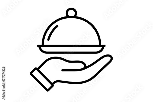 Hand holding cloche tray. Restaurant food service icon. Waiter serving dish concept. Catering, delivery and hospitality symbol. Vector outline for logo, app, web design.
