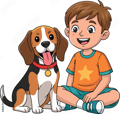 Happy boy sitting with cute beagle dog, smiling cartoon child and pet friendship, colorful vector illustration for kids and animals
