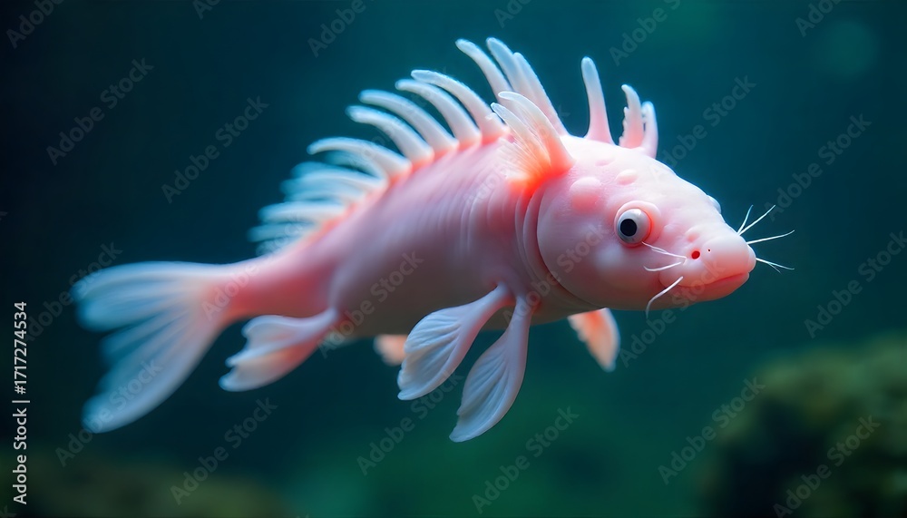 Obraz premium An albino catfish or bizarre aquatic creature with translucent pink fins and skin, swimming in a dark aquatic environment.