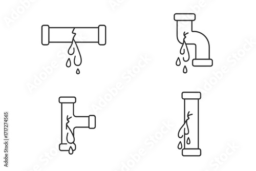 Broken pipe vector icon set. Water leak dripping from cracked pipeline. Thin line art illustration for plumbing emergency, burst pipe repair, and home water damage concepts.