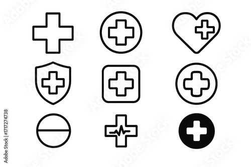 Medical cross line icon set. Health care plus sign collection. Medicine, first aid, hospital, emergency symbol. Heart, shield, pill, heartbeat. Vector graphic for web, app.