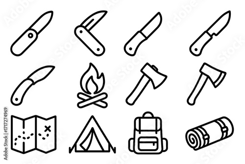 Camping line icon set. Outdoor adventure and hiking equipment. Survival gear symbols for graphic and web design. Knife, axe, tent, map, backpack, campfire vector outline signs.