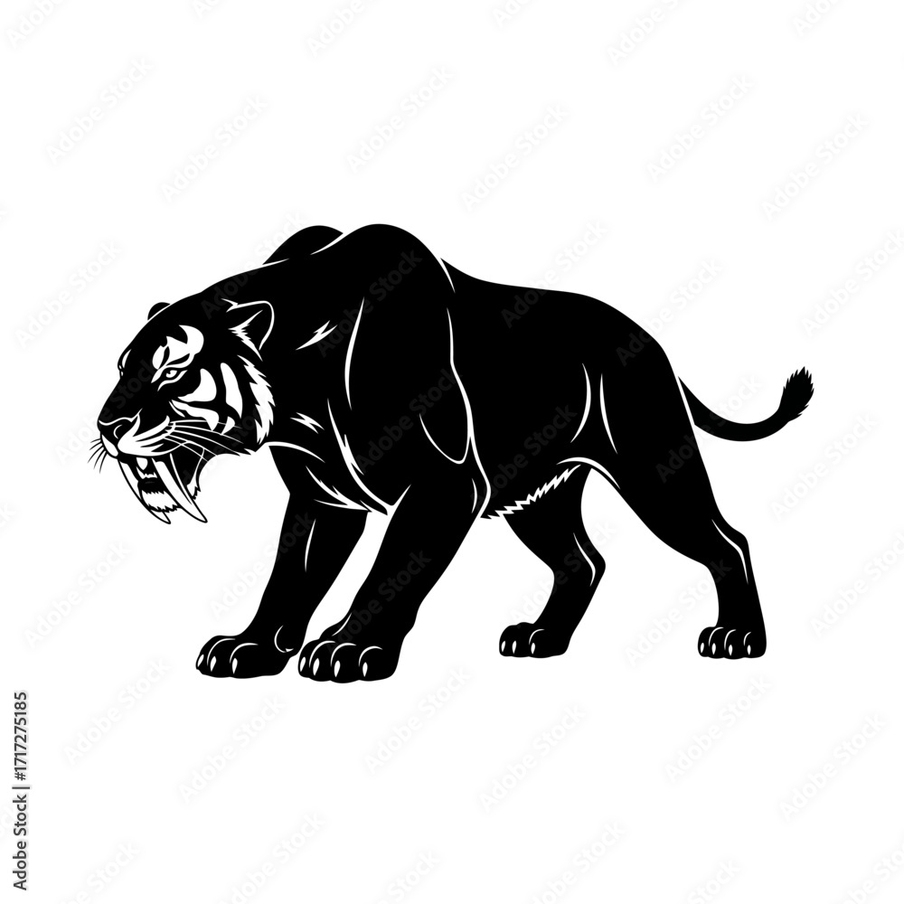 Obraz premium Predatory Vector Silhouette of a Saber toothed Tiger in a Stalking Pose Extinct