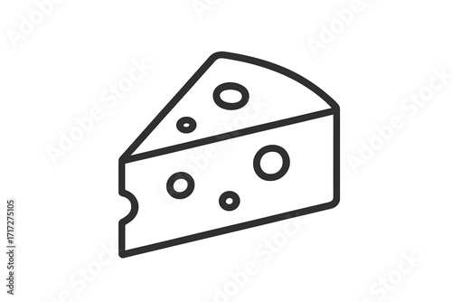 Cheese icon simple line art. Minimalistic vector pictogram. Dairy food, gourmet ingredient, snack symbol. Modern graphic illustration for web, apps, logo. Swiss cheese wedge.