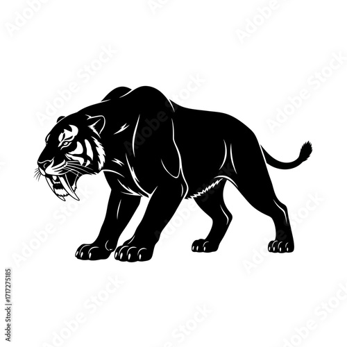 Predatory Vector Silhouette of a Saber toothed Tiger in a Stalking Pose Extinct