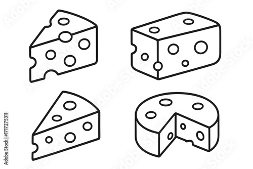 Cheese outline icon set. Swiss cheese wedge, block and wheel. Vector food illustration. Dairy product graphic. Line art for menu, logo, web design, app, packaging. Minimal.