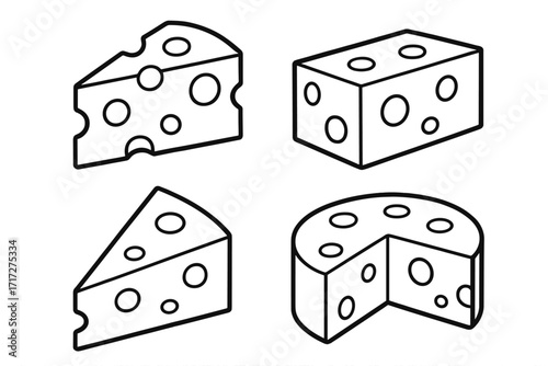 Cheese outline vector icon set. Line art illustration for graphic design. Cartoon dairy food symbol collection. Swiss cheese with holes, emmental block, wedge and wheel.