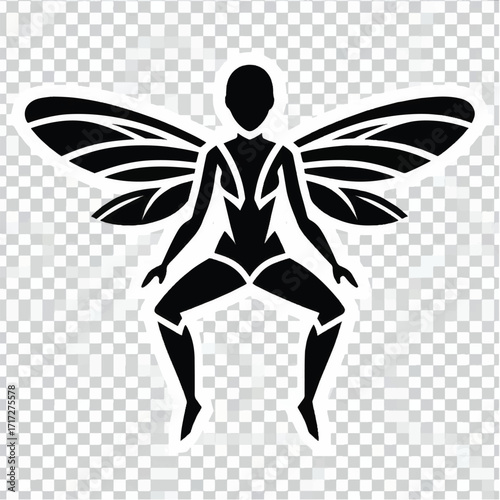 Silhouette of a fairy woman with wings in a squatting pose.