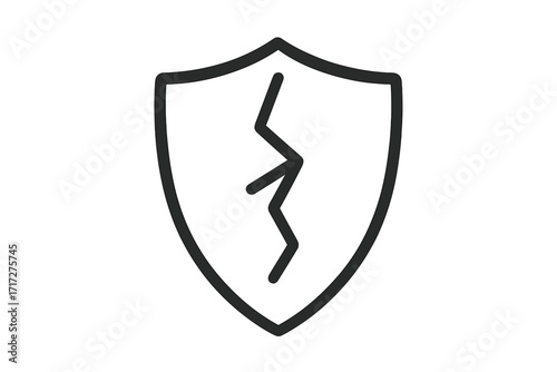 Broken shield icon. Cracked protection symbol. Concept of vulnerability, risk, and failure. Unsecured, no defense, danger sign. Security breach, data attack, weak safety.